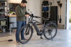 Adult rider checking a flickering e-bike headlight on a commuter electric bike in a garage
