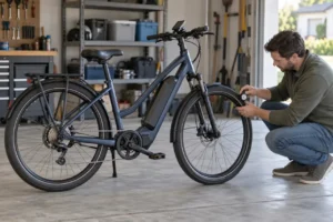 Adult checking the front tire pressure on a parked electric bike in a garage, with both wheels and the drivetrain visible.