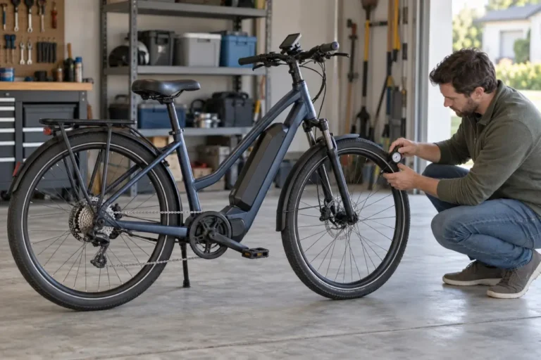 Adult checking the front tire pressure on a parked electric bike in a garage, with both wheels and the drivetrain visible.