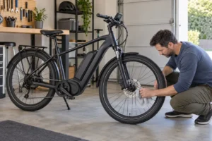 E-bike owner checking a squealing disc brake rotor during routine brake maintenance