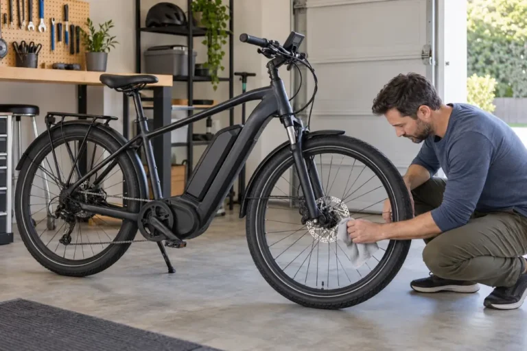 E-bike owner checking a squealing disc brake rotor during routine brake maintenance