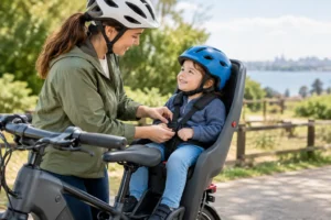 Parent checking an e-bike child seat harness before a safe family ride