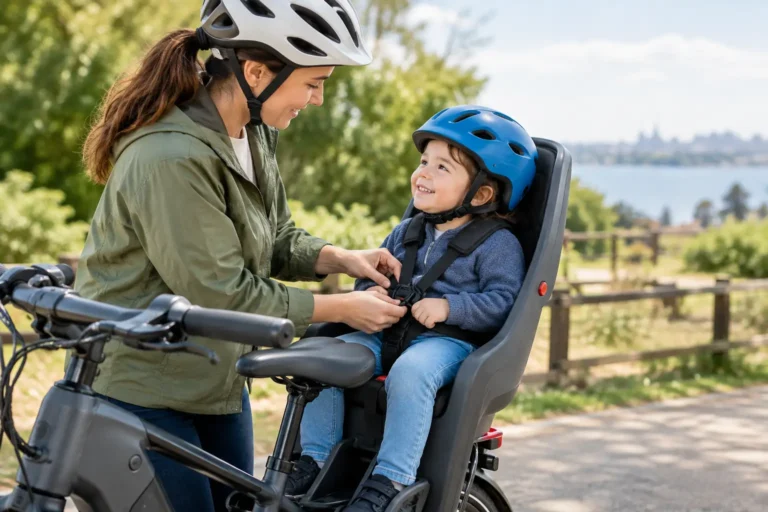 Parent checking an e-bike child seat harness before a safe family ride