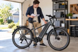 Owner checking the battery and charging port on an electric commuter bike in a home garage.