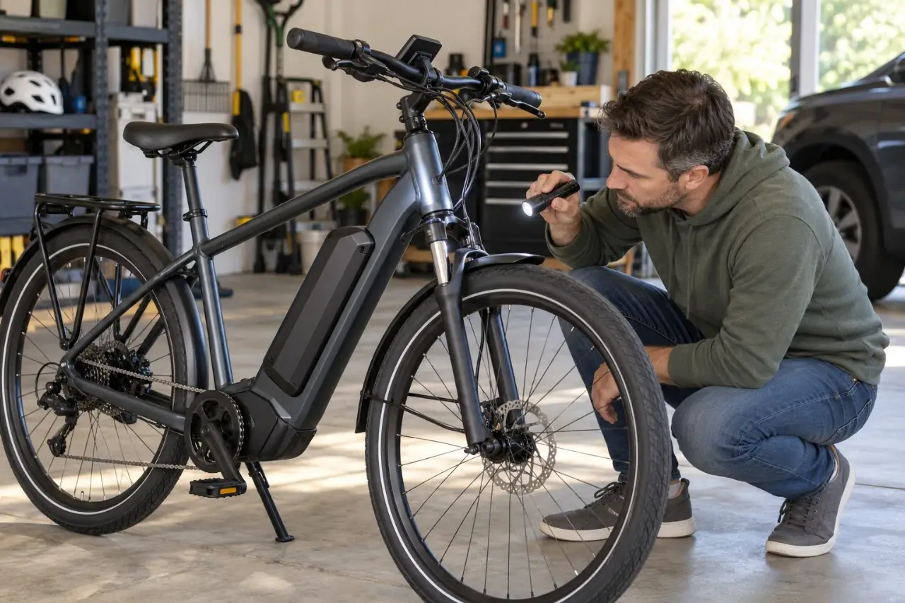 Adult rider inspecting an electric bike frame and head tube with a flashlight in a clean home garage.