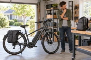 Adult rider comparing a rear-rack pannier and backpack beside a commuter e-bike.
