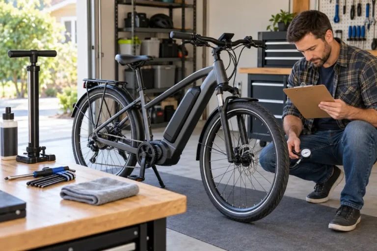 Adult rider checking an e-bike in a clean garage as part of a routine service interval inspection.