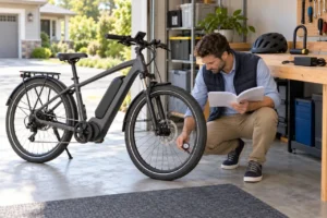 New e-bike owner checking tire pressure and the owner’s manual in a clean home garage.