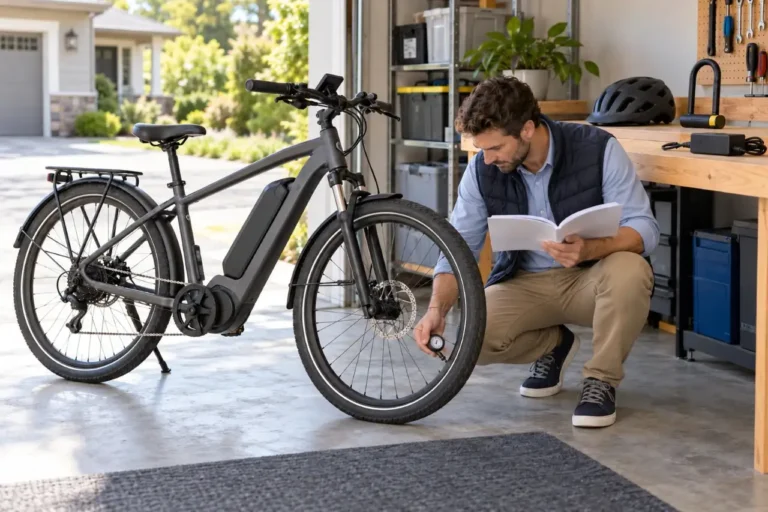 New e-bike owner checking tire pressure and the owner’s manual in a clean home garage.