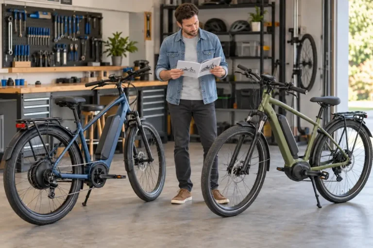 Rider comparing rear-hub and mid-drive e-bike motor systems in a clean bicycle workshop.