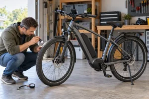 Rider inspecting tread and sidewall wear on a parked commuter e-bike tire in a home garage.