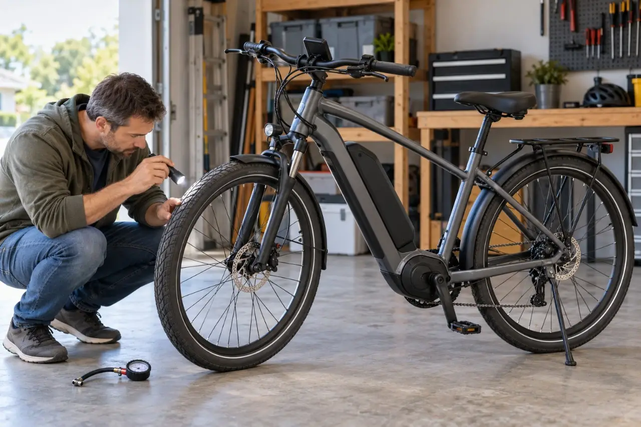Rider inspecting tread and sidewall wear on a parked commuter e-bike tire in a home garage.
