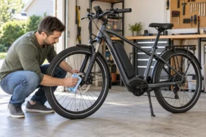 E-bike owner carefully cleaning a front disc brake rotor with a microfiber cloth in a home garage.